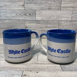 Vintage 1980s White Castle Blue White Ceramic Coffee Mug Set of 2
